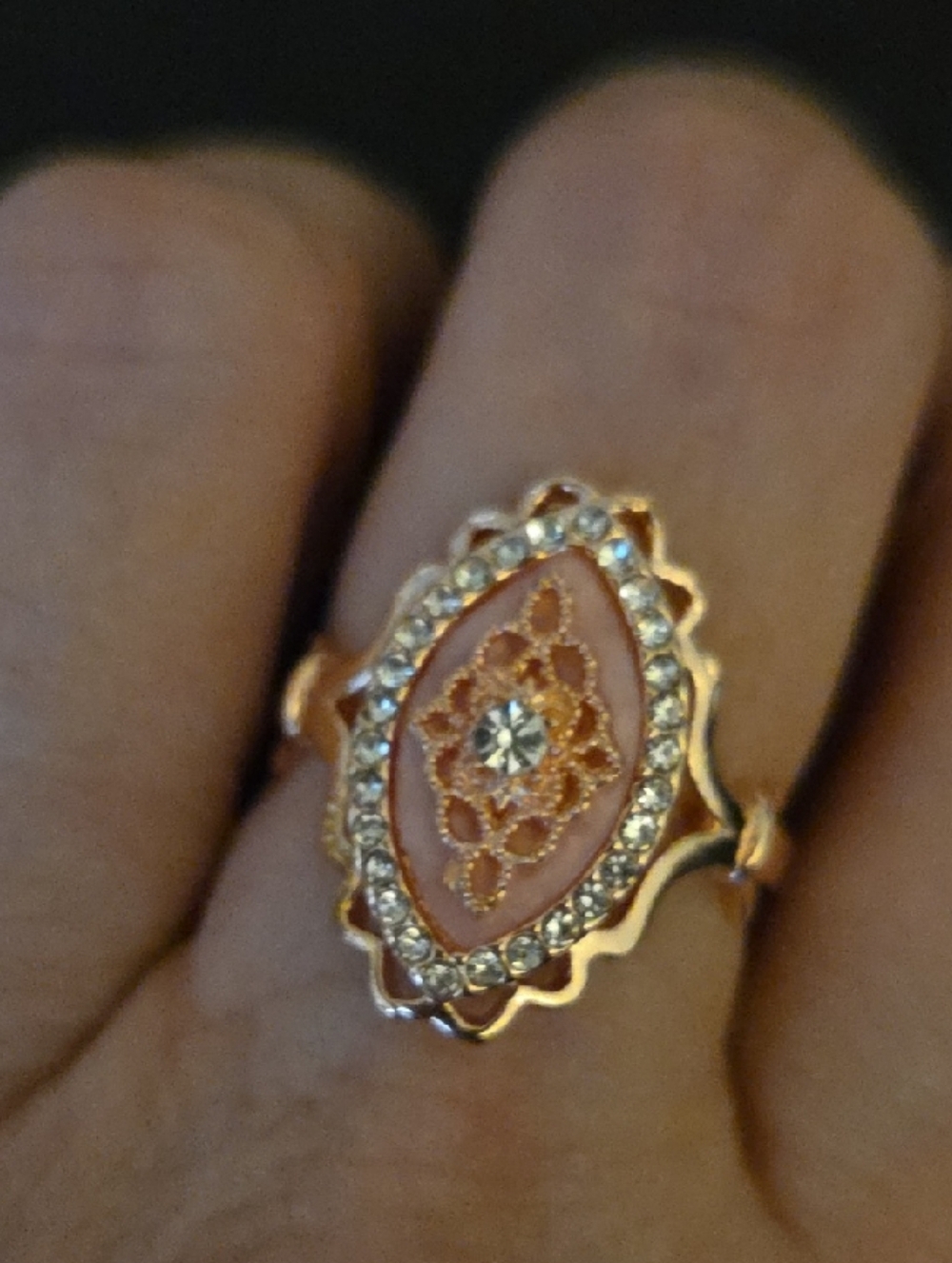 Delicate Gold-Tone Filigree Pink Resin Ring with Crystal Accents